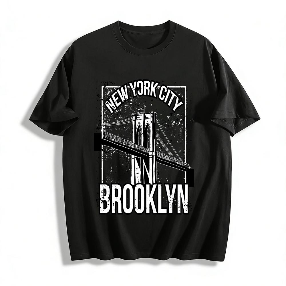 New York City Brooklyn Bridge Print Retro Unisex Casual T-Shirt Pure cotton T-shirt
