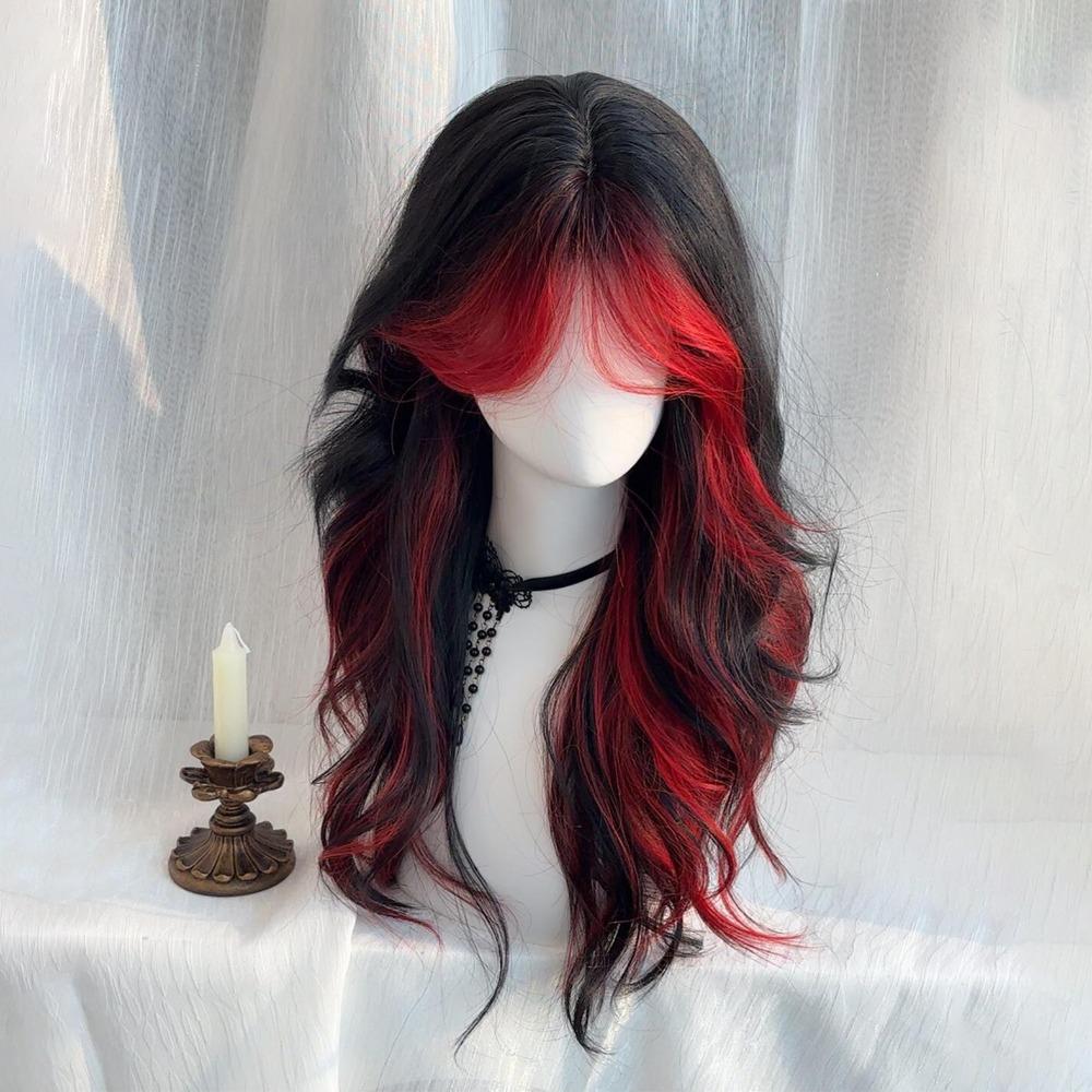 Mittelscheitel Schwarzes Ombre Rotes Gestuftes Haarteil Halloween Lolita Cosplay Perücken für Damen