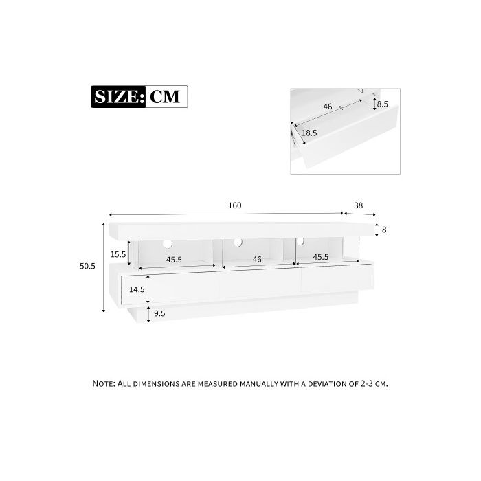 Meuble TV - MUVOE - 160x38x50.5cm - Blanc Brillant - 3 Compartiments En Verre - Éclairage LED