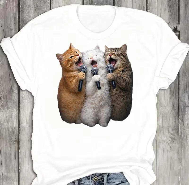 Three Singing Cats Cartoon Tshirt Short Sleeve Unisex Cute Animal Graphic Top Y2k Style Casual Streetwear Tees
