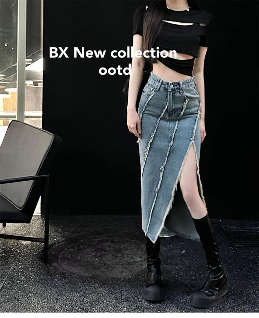 2023 Women's A-Line High-Waisted Blue Denim Midi Skirt with Slimming Slit and Large Hem