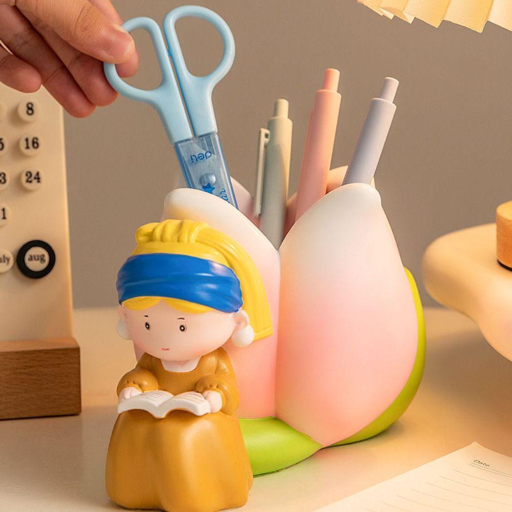 

Waterproof Desktop Storage Box Cartoon Pencil Box Creative Pearl Girl Pen Holder Makeup Brush