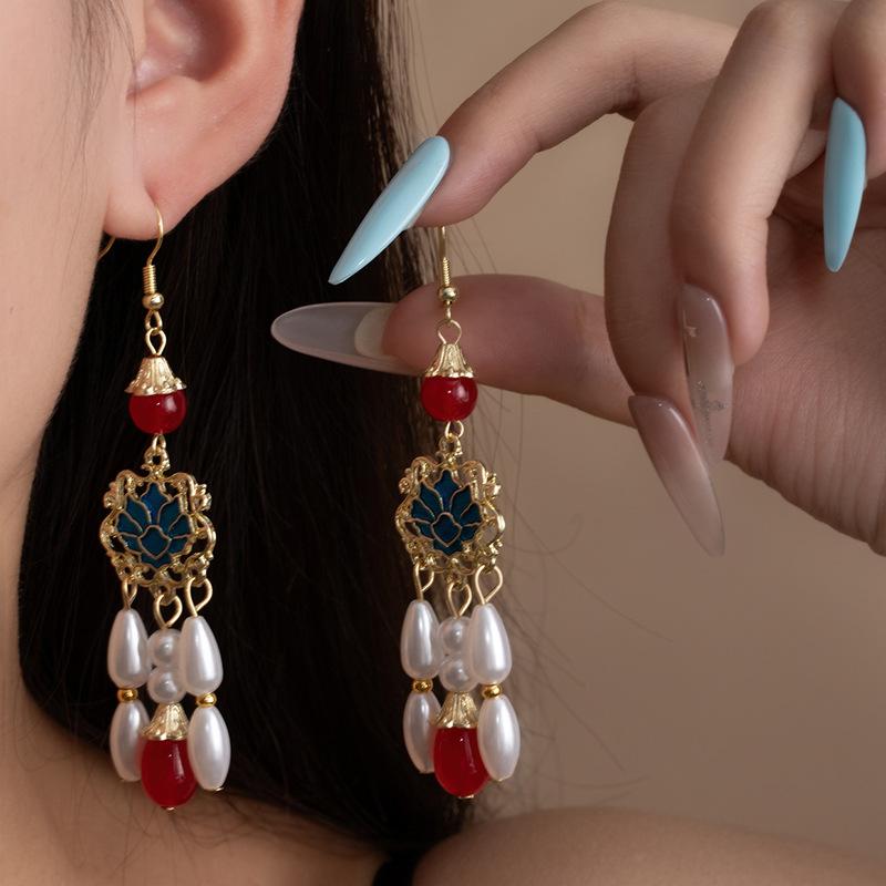 Antique New Chinese Long Earrings Imitation Pearl Water Drop Lotus Earrings Women'S National Tide Elegant Retro New Chinese Earrings