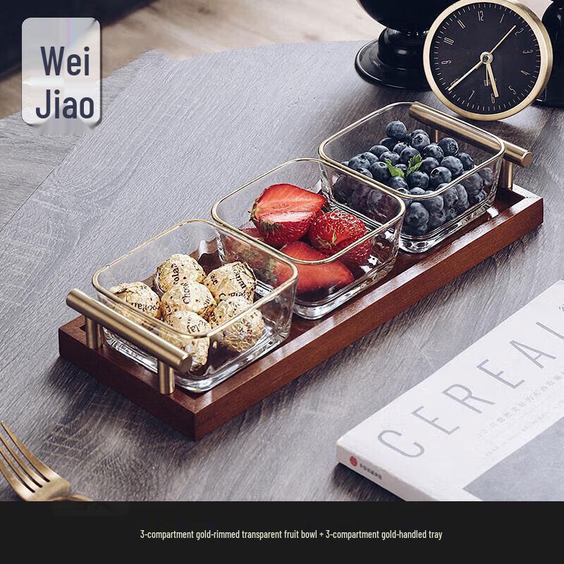 Glass Serving Bowls with Divided Wood Tray Set