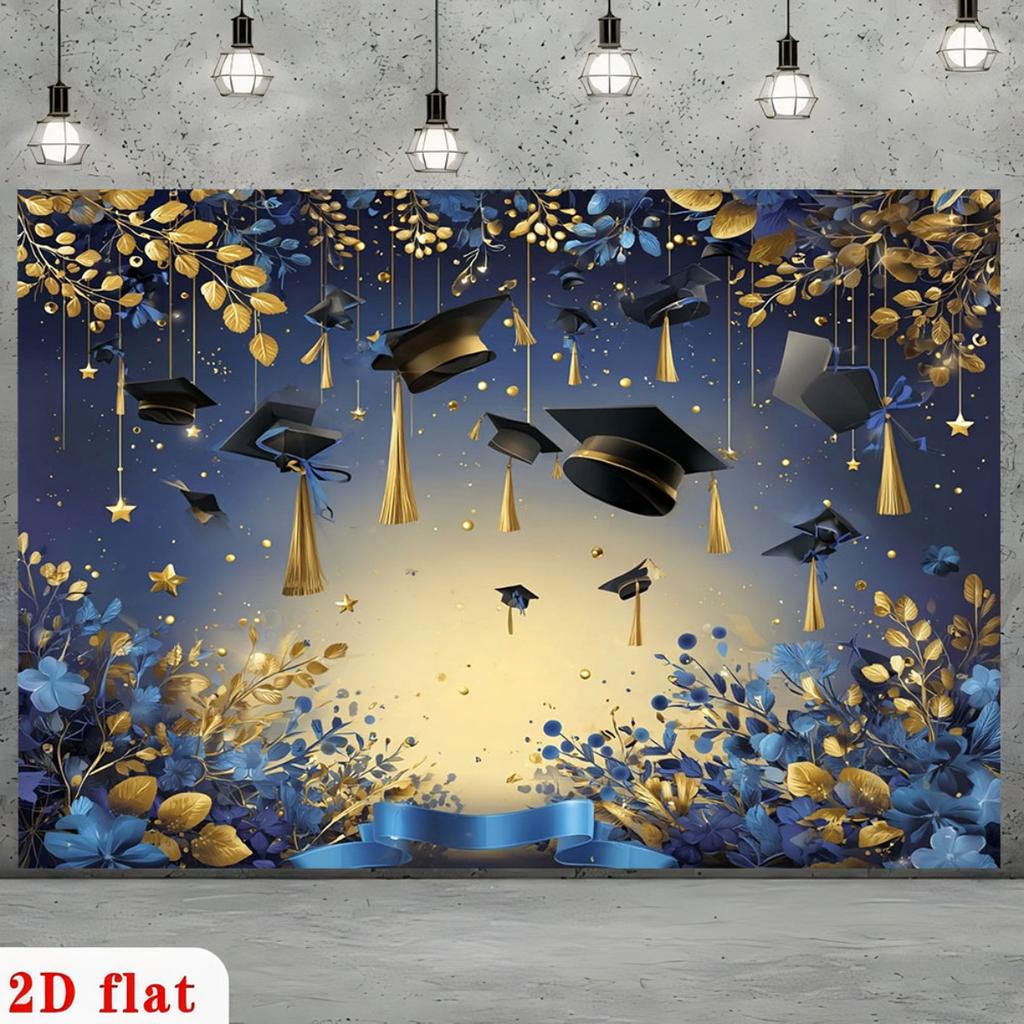 2D Flat 2D Flat - 2D Flat 2D Flat - 1pc 2D Flat Elegant Graduation Backdrop Black Graduation Gold Blue Gold Floral Decor Stars
