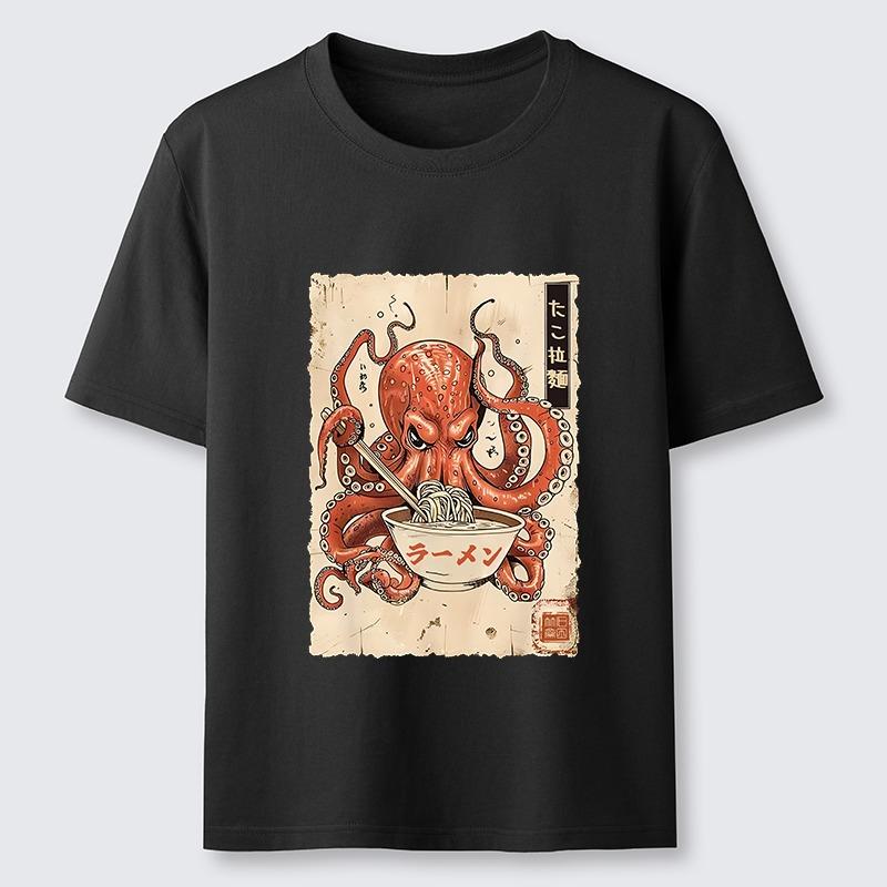 Japanese Style Cotton T-shirts Casual Loose Men's Short Sleeve O-neck Harajuku Tee Retro Octopus Eating Ramen Classic Tunic
