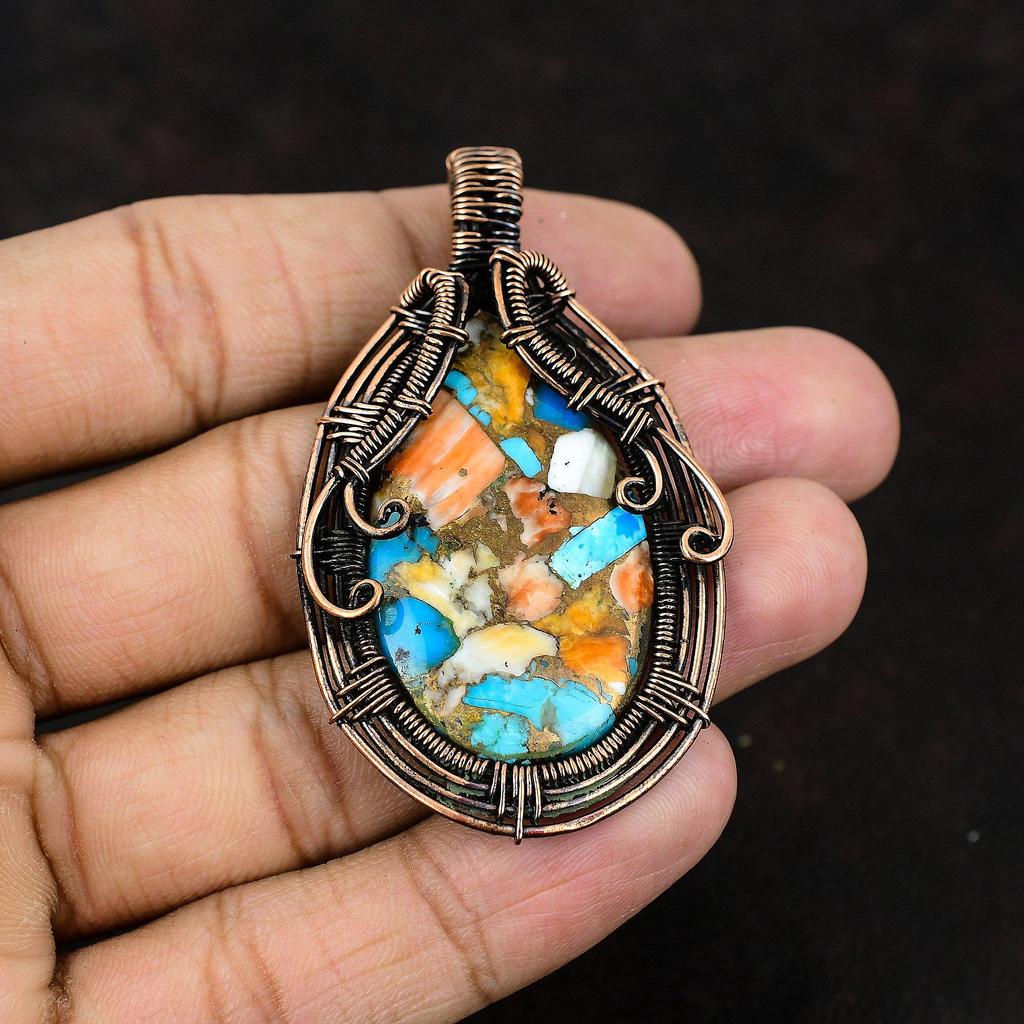 Stachelige Auster Kupfer Türkis Anhänger Edelsteinanhänger Kupferdraht gewickelter Anhänger Kupferschmuck Handgefertigt Designeranhänger Geschenk für Mutter