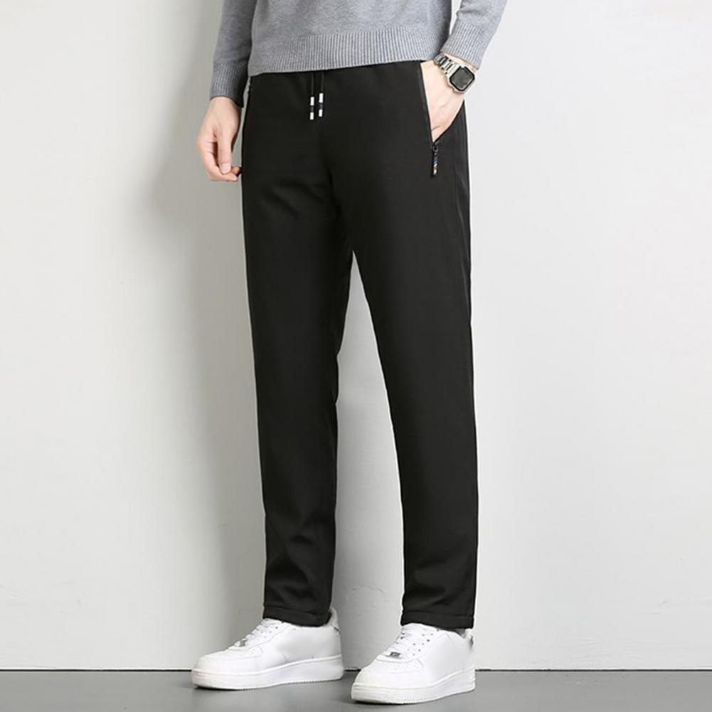 Winter Men Pants Thick Fleece Drawstring Elastic Waist Heat Retention Zipper Pockets Single Color Warm Sport Travel Work Trousers
