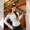 Autumn Super Good-looking Ootd White Slanted Shoulder Embroidered Bow Long-sleeved T-shirt Women's Off-the-shoulder Slim-fit Top