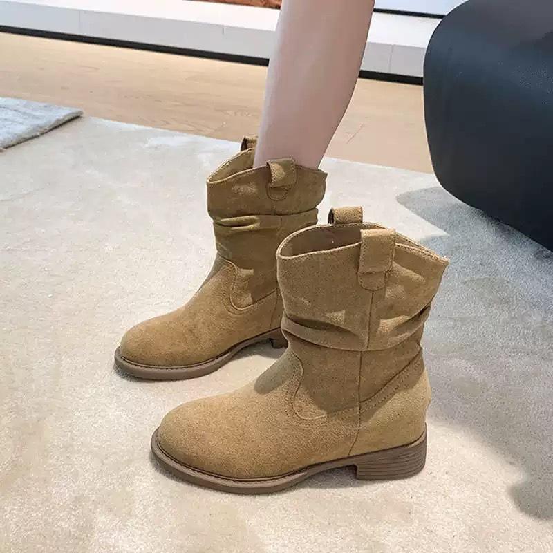 Inner Heightening Retro Wind Stacking Boots Women's Autumn and Winter New Maillard Western Cowboy Boots Knight Boots Medium Boots