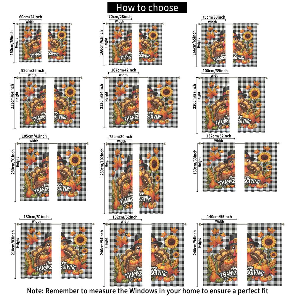 2Pcs Thanksgiving Turkey Pumpkin Maple Leaf Rod Pocket Curtains Double Panel Window Curtain Autumn Harvest Home Decor Living