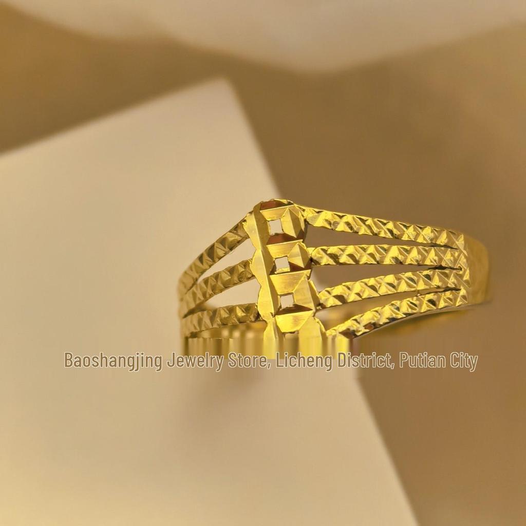 Gilded Brass Four-Line Adjustable Coin Ring for Women - Open Copper Ring, Chinese Style, High-End Design.
