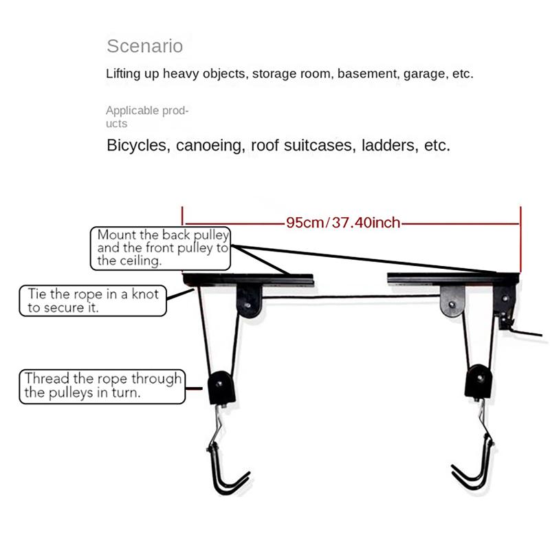 Bike Hoist Garage Storage Bike Lift Pulley System With 60Kg Bearing Overhead Bike Rack Ceiling Frame Roof Box Storage Hanger