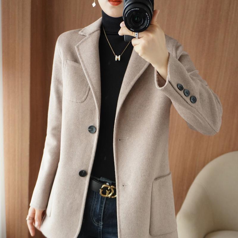 Women's Slim Fit Double-Faced Wool Coat - Short Style with Small Lapel for Autumn & Winter