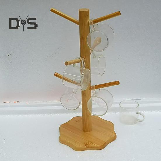 Bamboe Kopjeshouder Boom 6 Haken Koffiemok Rek Antislip Koffiekop Standaard Eenvoudige Installatie Mok Organizer Standaard voor Keuken Aanrecht