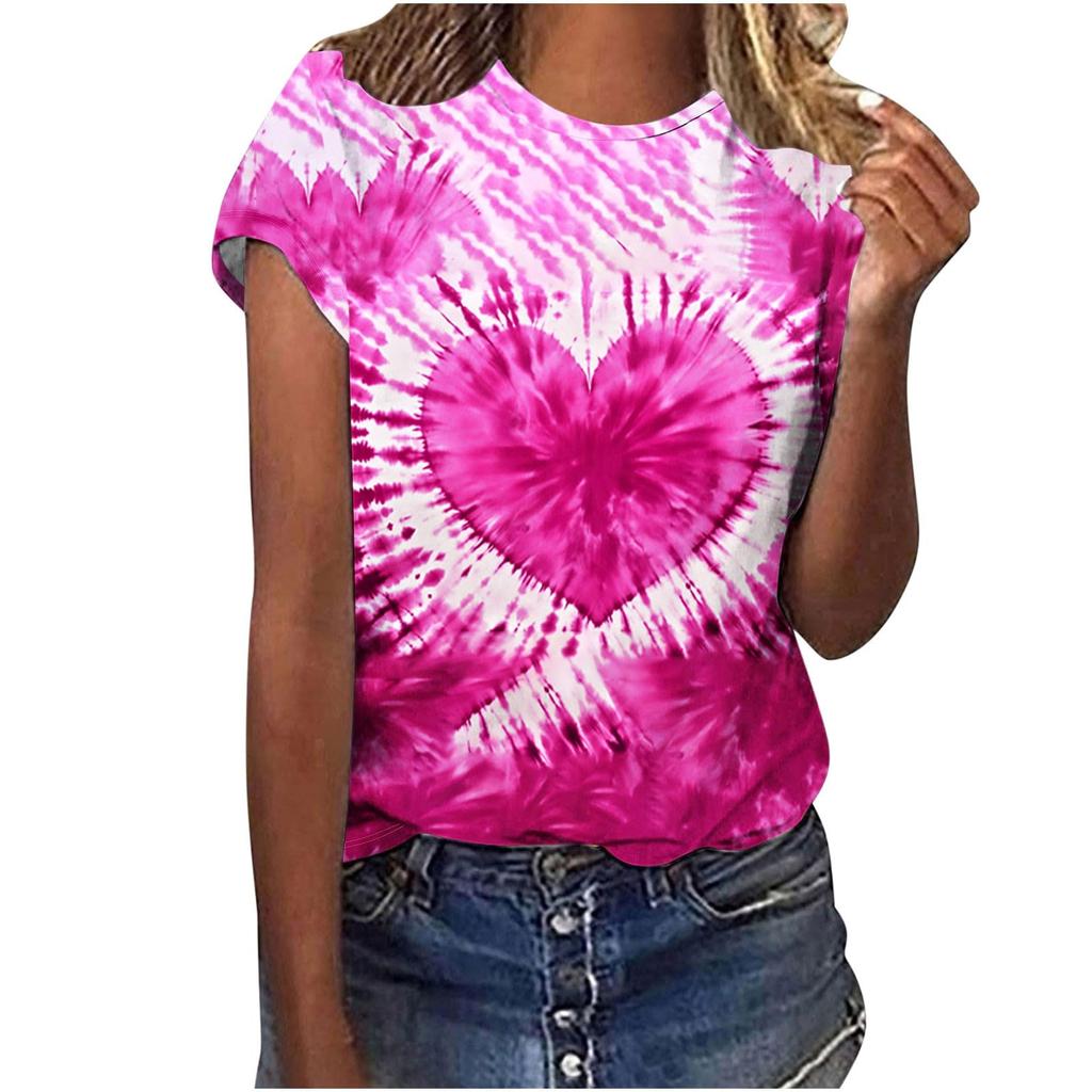 Heart Graphic 3D Print Tie Dye T-Shirts Women O-Neck Short Sleeve T Shirt Streetwear Y2k Harajuku Tees Basic Top Female Clothing