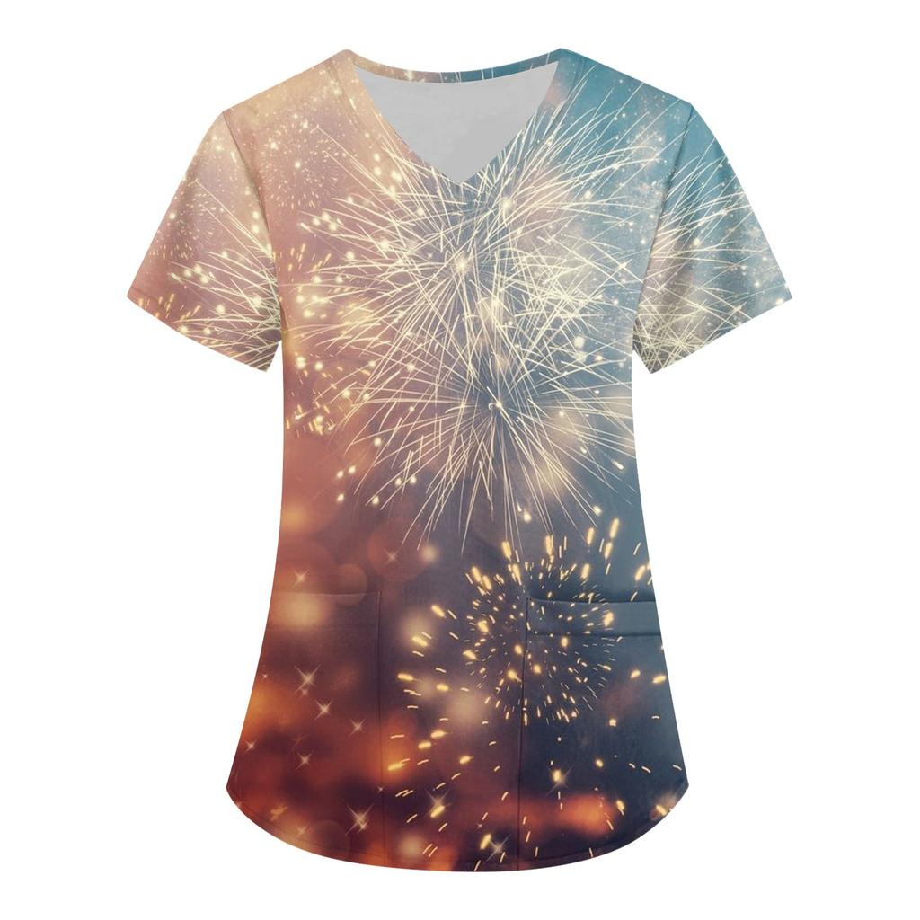Damenmode 2024 Neujahr Bedruckte Kurzarm-Oberteile mit V-Ausschnitt und Mustertasche Arbeits-T-Shirts