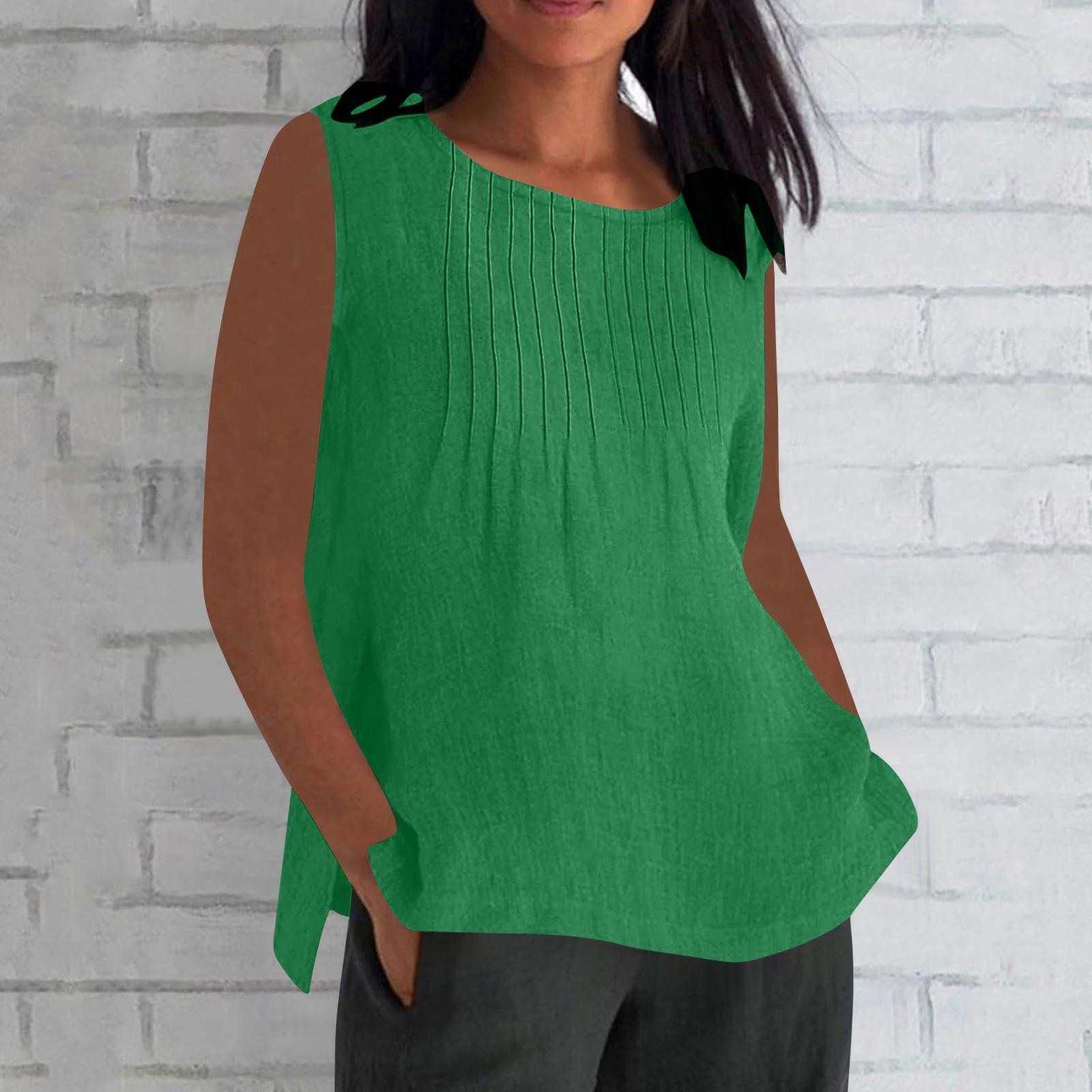 

Женский модный и повседневный жилет без рукавов однотонный хлопковый и льняной плиссированный топ-майка без рукавов L зелёный