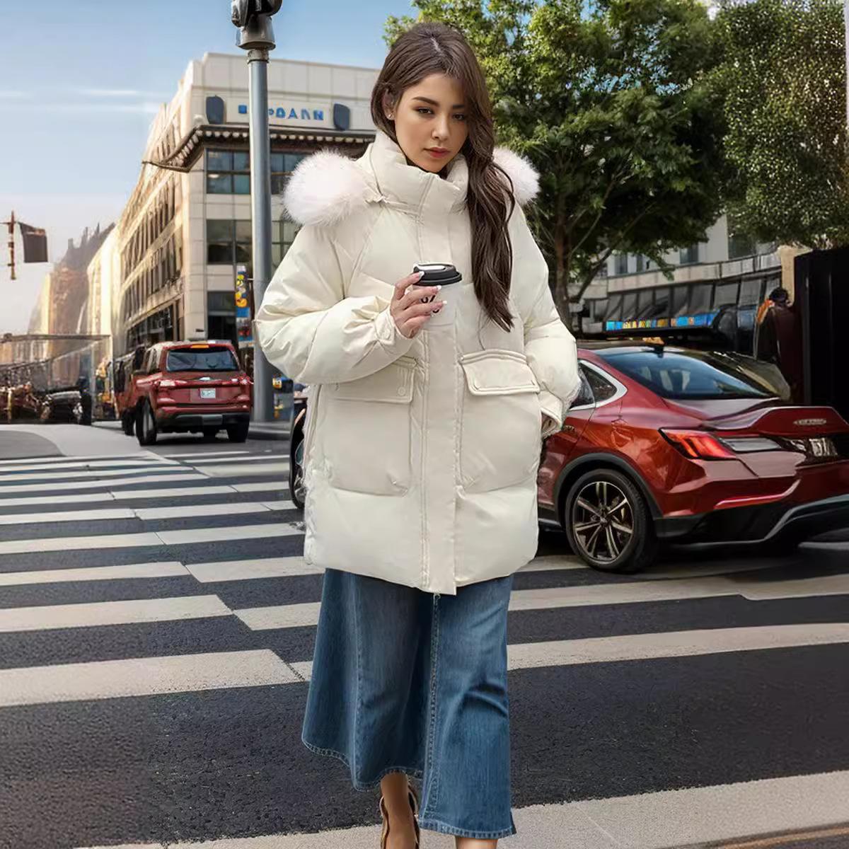 

Winter New Loose and Thin Short Clothes Big Fur Collar Thickened Cotton Clothes Jacket Women XL