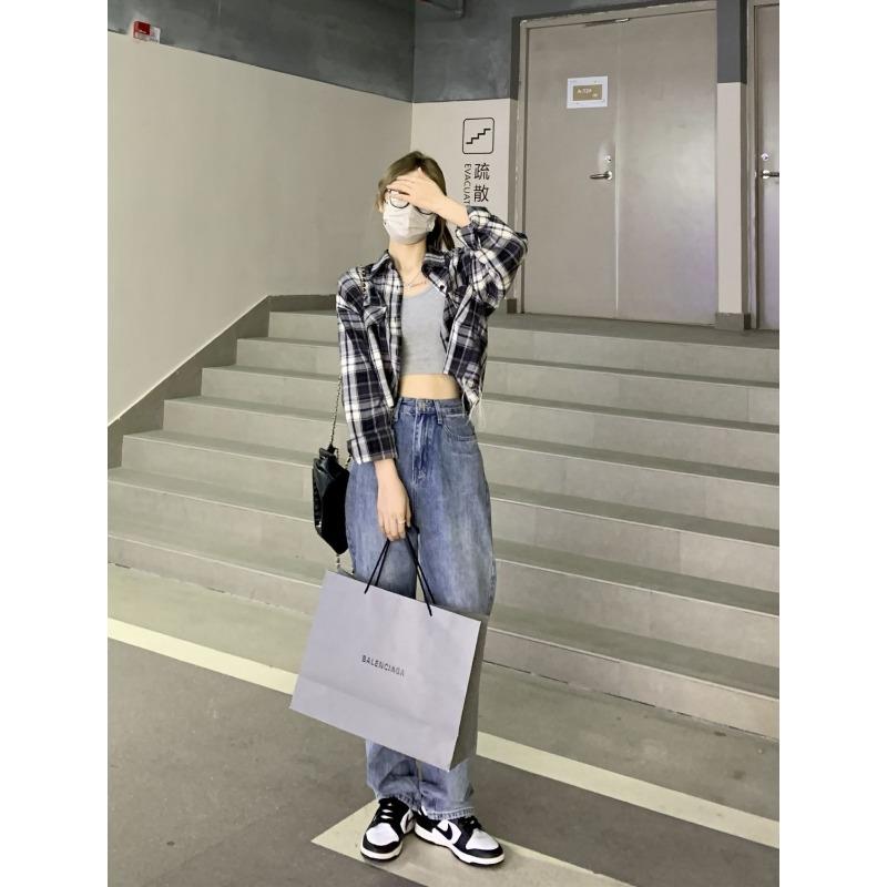 Women's New Style Spliced POLO Collar Button Plaid Fashionable Loose Versatile Casual Long Sleeve Shirt