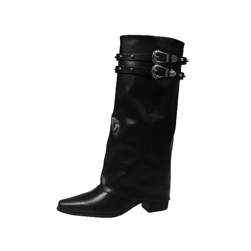 Black Pile Pants Tube Boots Long Western Boots Women's Boots British Rivet Babes High Boots Knight Boots