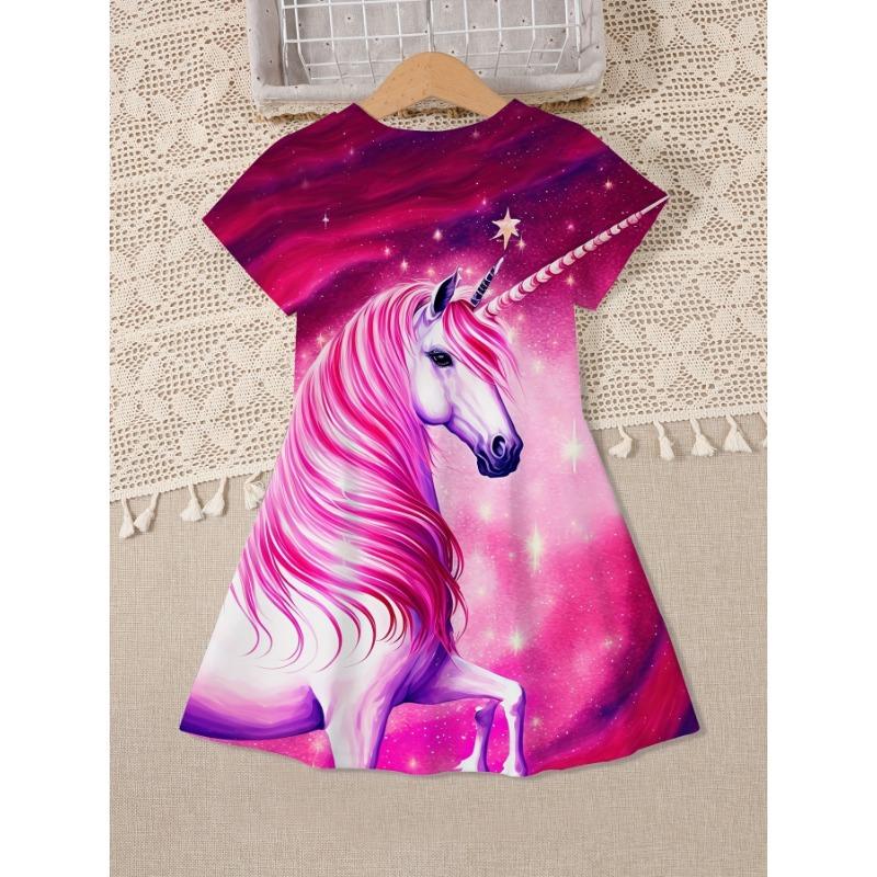 3D Digital Cartoon Butterfly Pattern | Cute Girls' Short Sleeve Tunic Dress Perfect for Spring/Summer, Casual Style with Slight Stretch Fabric