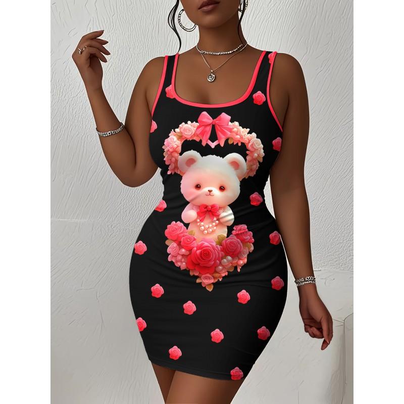Womens Sleeveless Bodycon Midi Dress With 3D Print Breathable Lightweight Casual Office Wear
