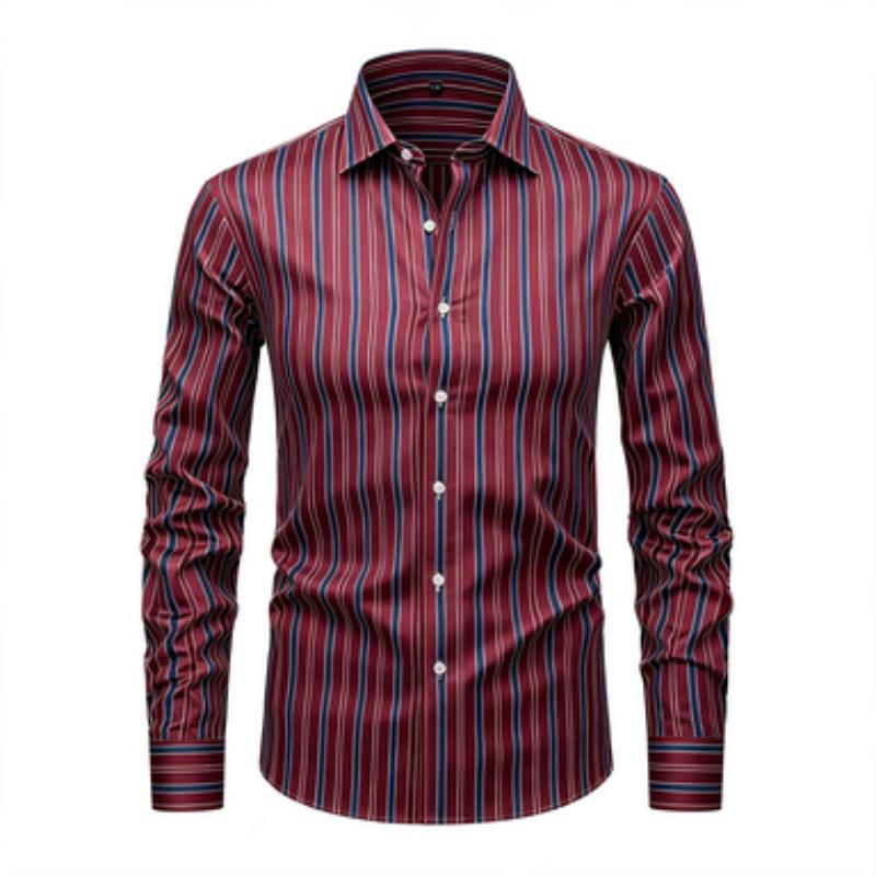Men's Long Sleeved Shirt, Simple Men's Vertical Stripe Printed Long Sleeved Shirt, Vertical Line Lapel Shirt, European and Ameri