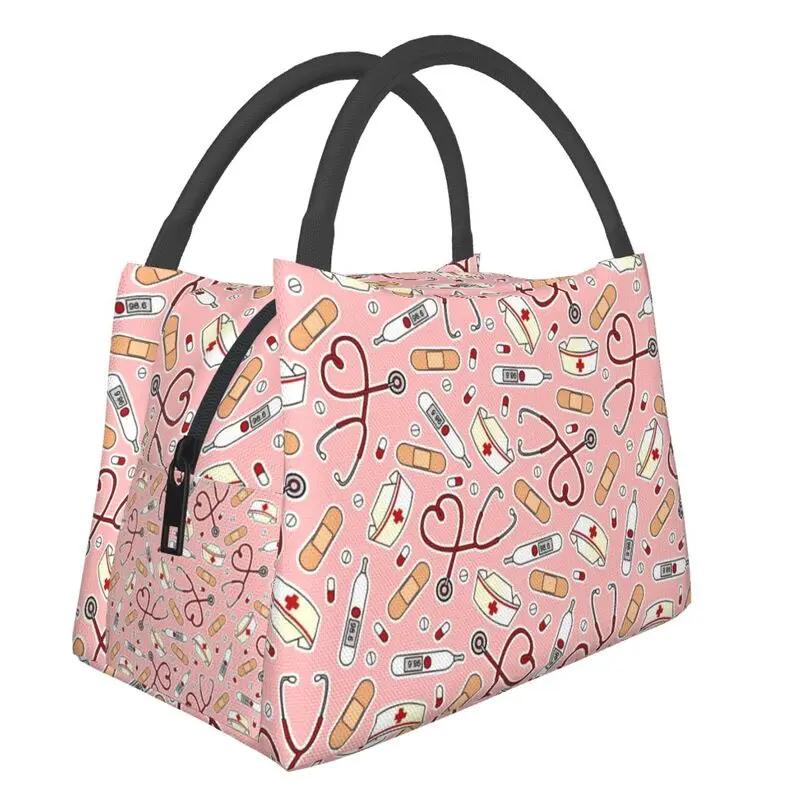 Pink Nurse Life Insulated Lunch Tote Bag for Women Nursing Print Portable Thermal Cooler Bento Box Work Travel Food Bags