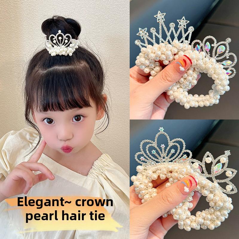Kids Crown Headband & Princess Hair Ties: New Trendy Pearl Hair Ropes for Little Girls, Perfect for Bun Hairstyles and Ponytails