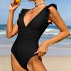 Women One-piece Monokini Ruffle Edge Deep V Neck Skinny Sleeveless Solid Color Elastic Soft Quick Dry Tight Waist Detachable Pads