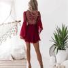 Hollow Out Chiffon Dress Women Dress Cross Bandage Lace V-Neck Long Sleeve Dress