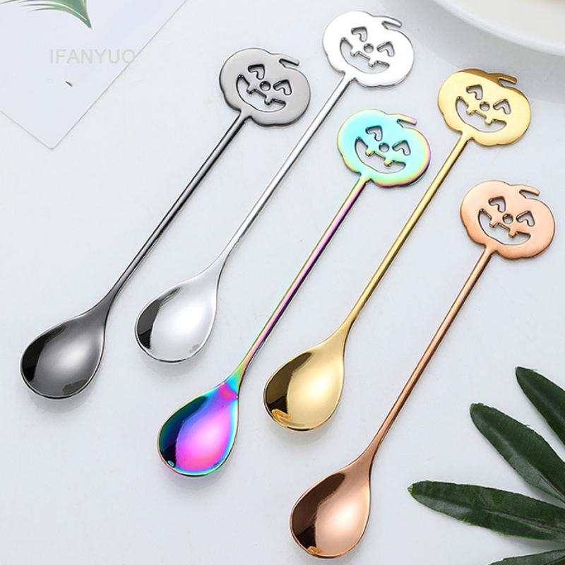 Cuillère à café citrouille mignonne en acier inoxydable Mini cuillère à dessert thé dorée Créative Spoons Thème Fête Halloween Ustensiles de cuisine