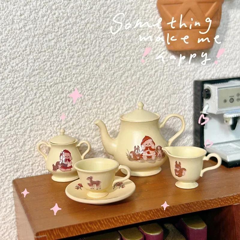 5PCS Cute Mini Ornaments 1/12 Scale Miniature Dollhouse Teapot Tea Cup Set for OB11 BJD Doll Accessories Home Decoration