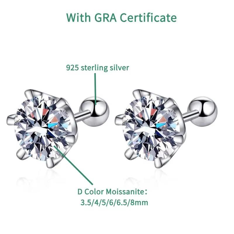 0.3-2CT Moissanite Earrings 925 Silver Round Cut Stud Earrings Piercing Earrings for Men and Women Fine Jewelry