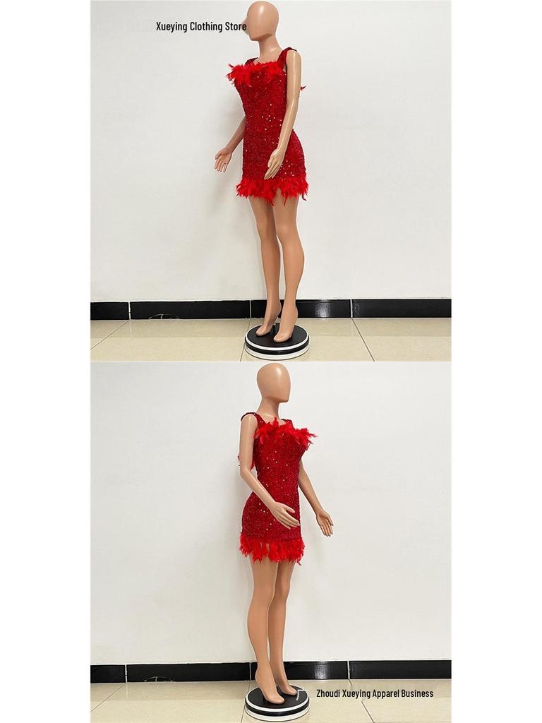 European & American Women's Summer Sequin One-Shoulder Backless Beach Dress - Hot Girl Feather Bodycon Style