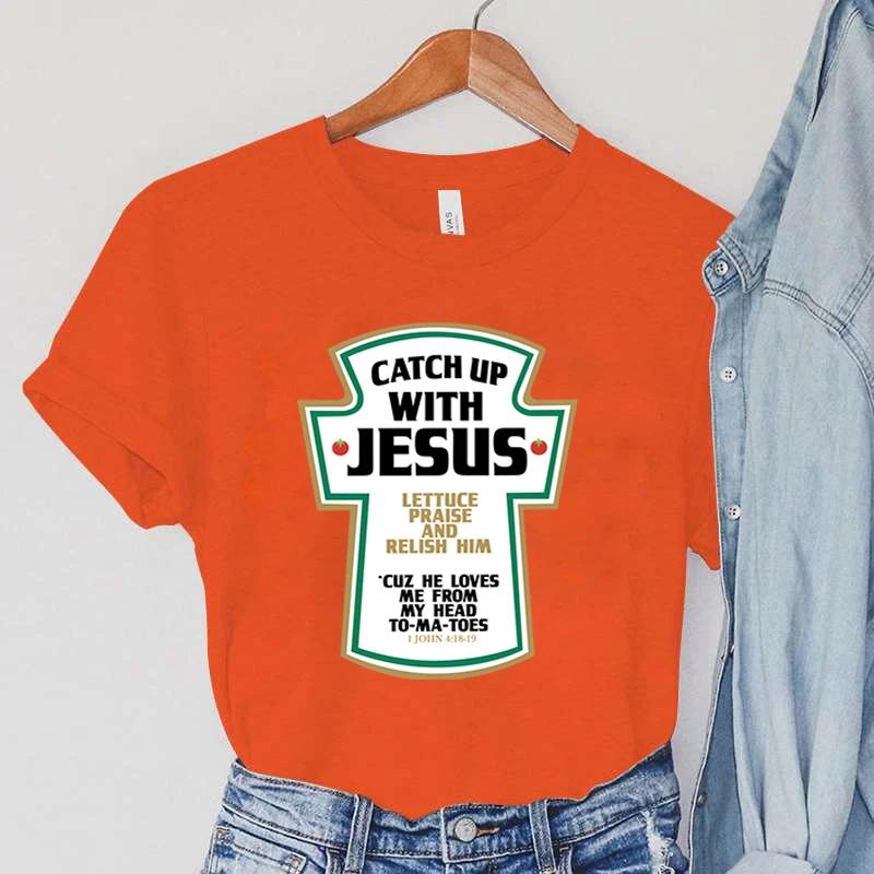 Catch Up with Jesus Dámská trička Vintage biblické verše Dámské topy Harajuku Křesťanská parodie Dámské oblečení s krátkým rukávem