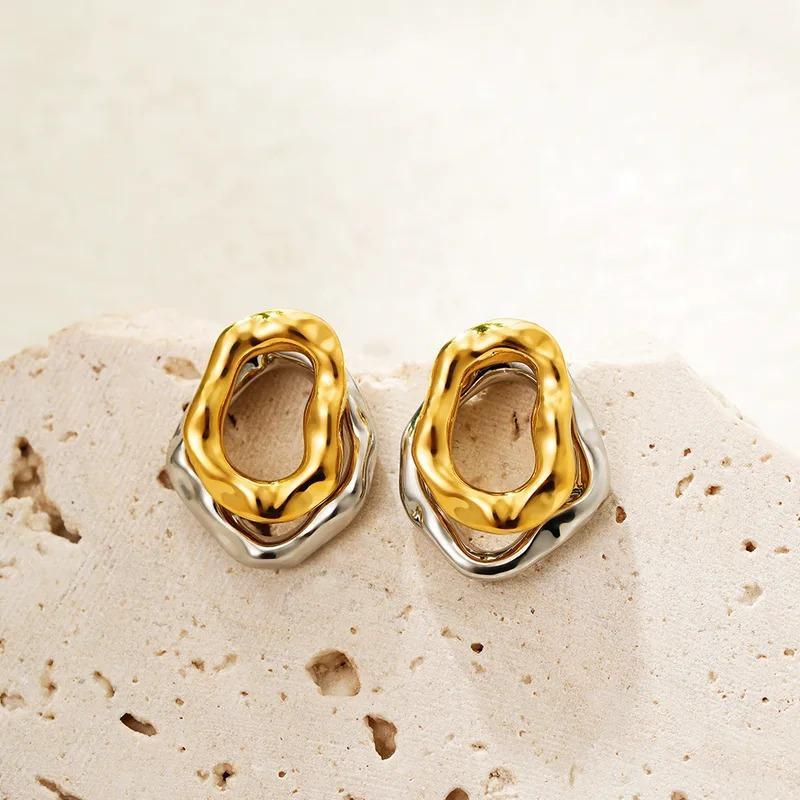 1PAIR Double Layer Irregular Geometric Pattern Copper Earrings, Uneven Surface Fashion Gold and Silver Jewelry Gift