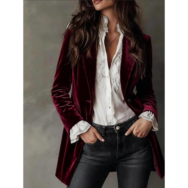 2025 Women's Retro Velvet Cardigan Slim Fit Long Sleeve Suit
