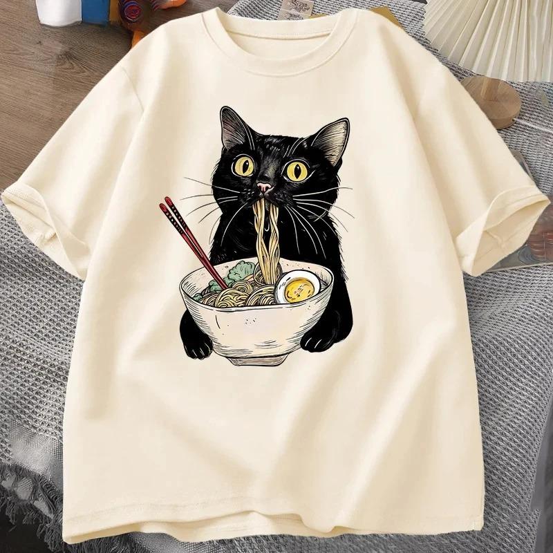 Noodle Lamian Noodles Cat Tshirt Gourmet Lover Short Sleeve Black Cat Noodle Tshirt Retro Casual Round Neck Tshirt
