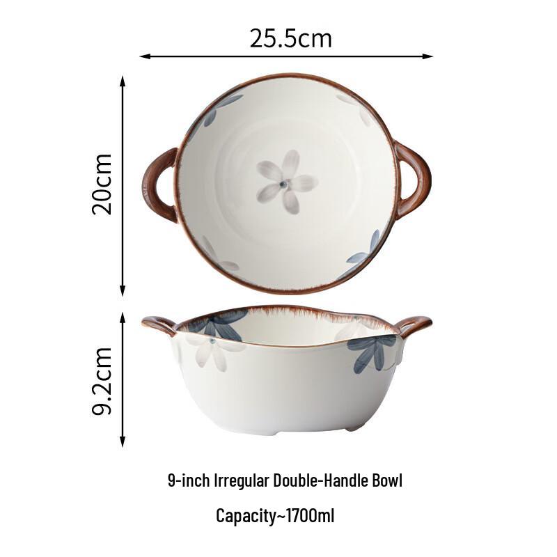 Dark Blue Ceramic Double-Handled Bowl Set