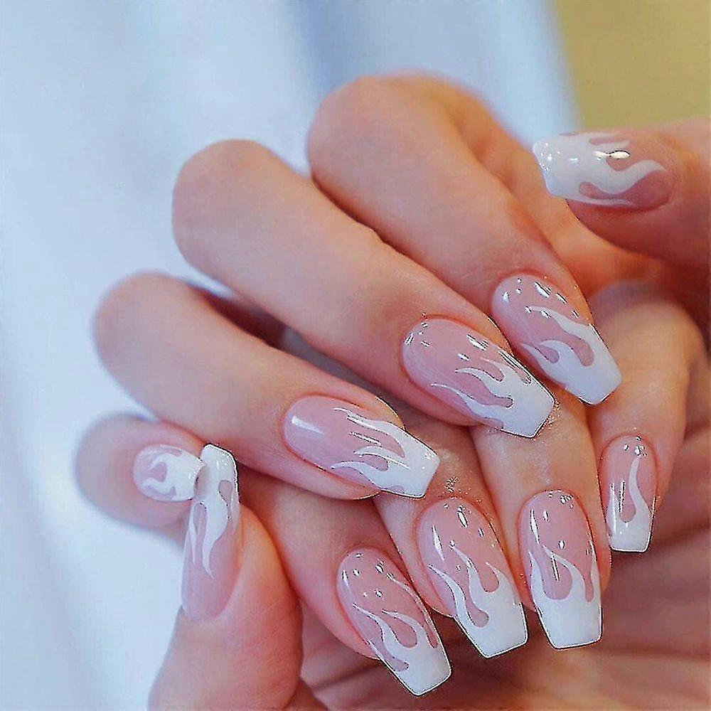 24pcs Fashion Glossy Full Cover Coffin Pattern Acrylic Fake Nails Tips