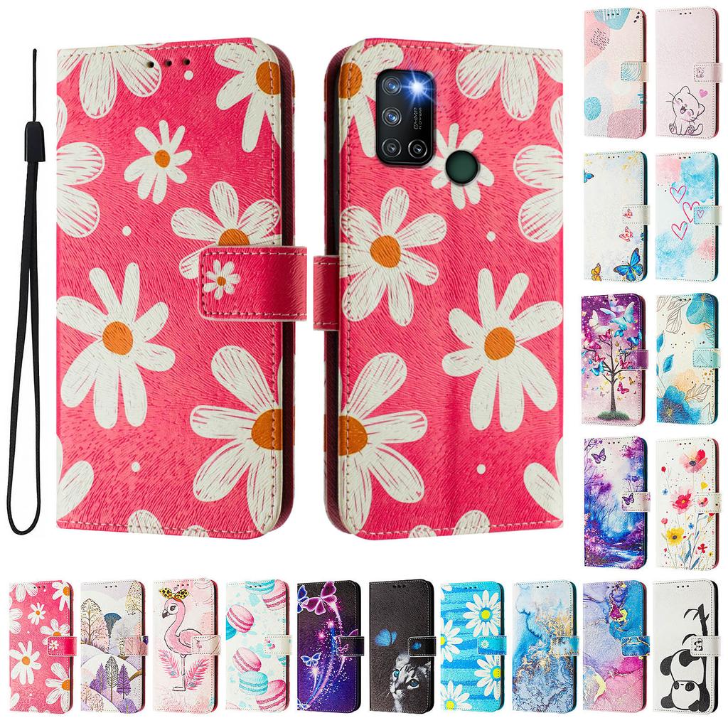 Pink Daisy Luxury Painted Leather Case Wallet Book Style Cover for Oppo A72/A52/A92 4G,A36 4G,Reno 8/9,Realme 8/9/10/11/12...