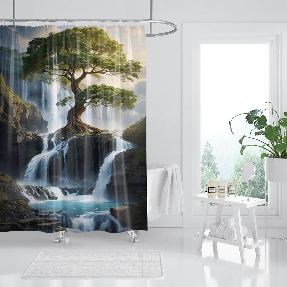 Forest Waterfall Shower Curtain Tropical Rainforest Palm Jungle Tree Green Leaves Plants Scenery Bathroom Decor Set With Hooks