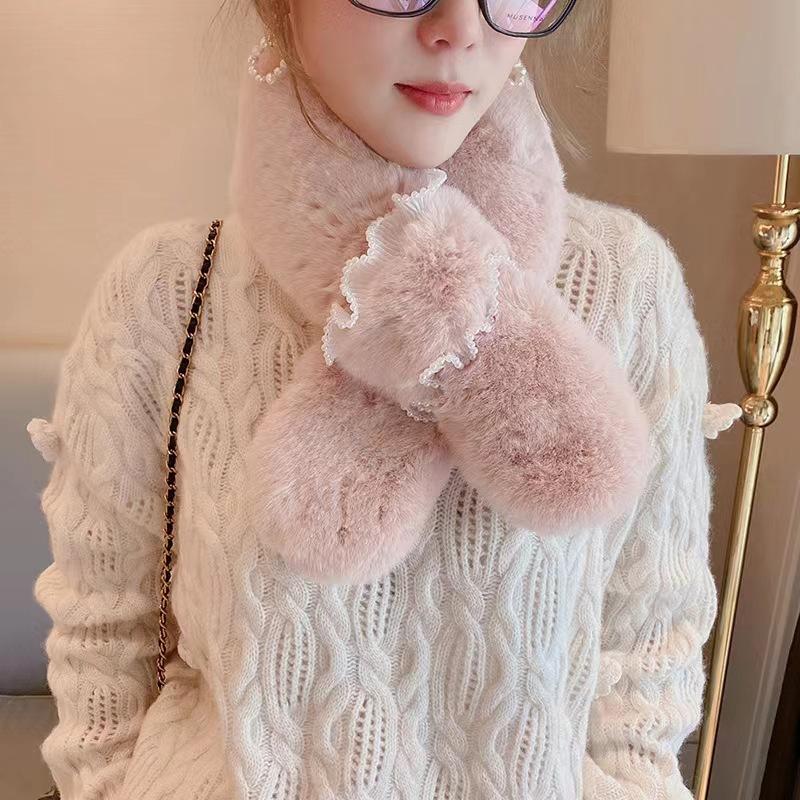 Scarf Women'S Winter Thickened Warm Plush Rex Rabbit Hair Cross Korean Version Versatile Scarf Fashion Pearl Small Scarf