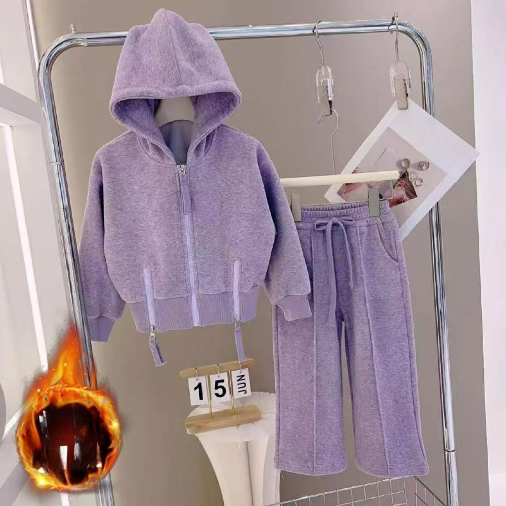 Children's Clothing, Girls' Suits, Winter Clothes, Big Children's Long-sleeved Hooded Jackets, Wide-leg Pants, Two-piece Warm Sportswear for Students