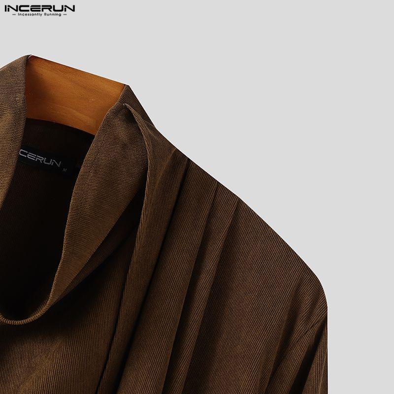 INCERUN Pánské podzimní topy a trička s dlouhým rukávem, s neobvyklým volným žebrovaným střihem a výstřihem s klopou