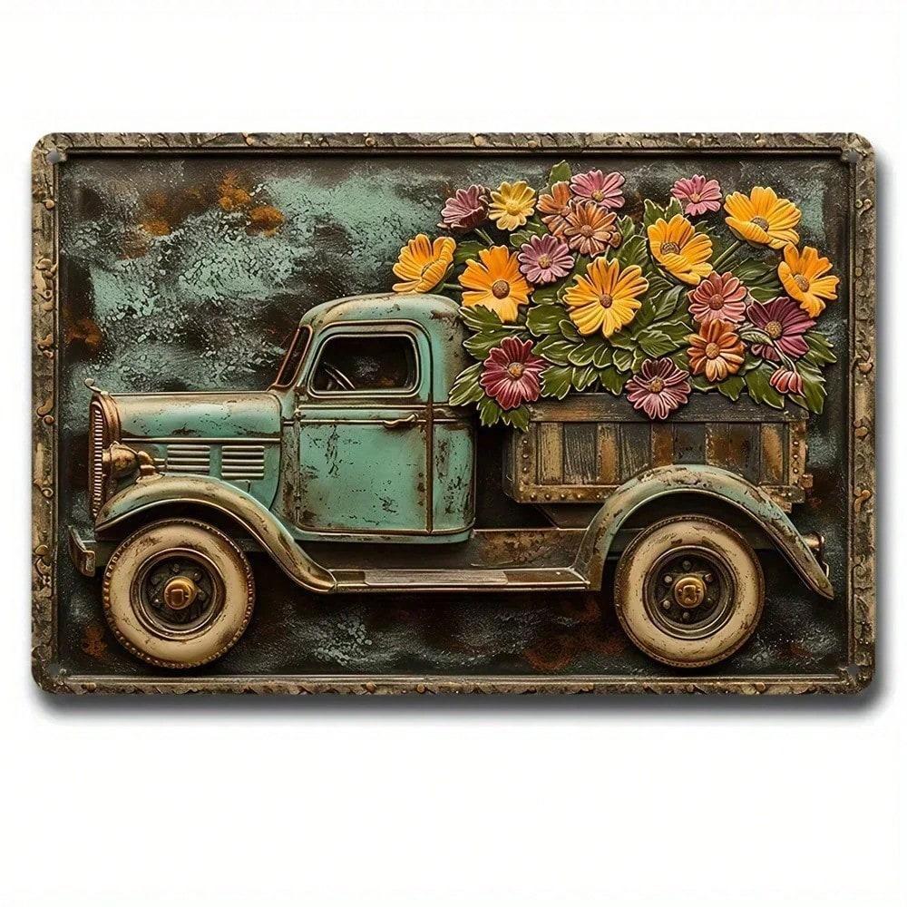 Vintage Blue Truck Metal Tin Sign Rustic Floral Wall Art 1PC