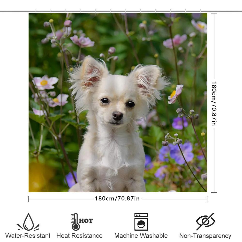 3D Printed Shower Curtain With Flower Pattern For Bathroom Decor White Pomeranian Dog Print Water-Resistant Fabric Shower Curtai