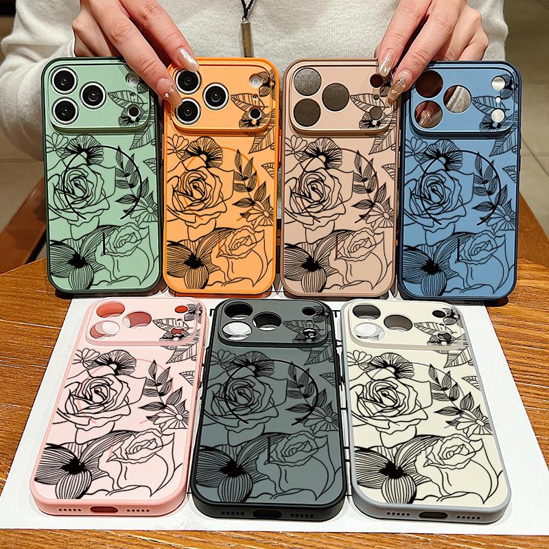 Case For iPhone 17 Pro Max Line Rose Flowers Leaves Pattern Magnetic For Magsafe Hybrid Slim Matte Cover For iPhone 16 15 14 13 Pro Max